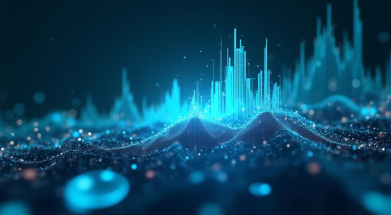 Futuristic visualization of AI neural networks merging with financial bar charts and data points
